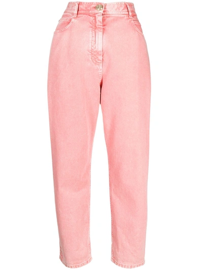 Balmain Acid Wash Boyfriend Jeans W/ B Rivet In Light Pink