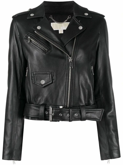 Michael Kors Crinkled Leather Moto Jacket In Black