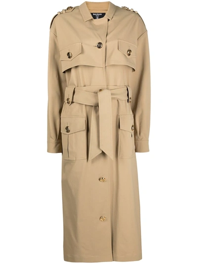 Balmain Buttoned Trench Coat With Cargo Pockets In Beige