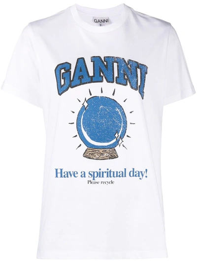 Ganni Crystal-ball Print Cotton-jersey T-shirt In White