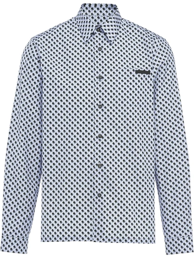 Prada Men's Poplin Geometric-print Dress Shirt In Blue