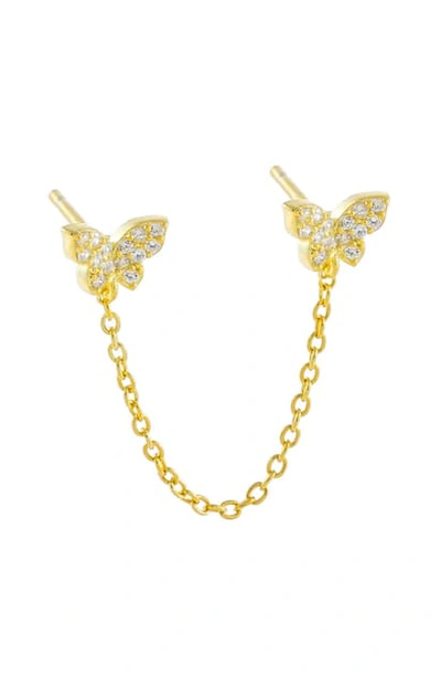 Adinas Jewels Pave Butterfly Chain Double Stud Earring In Gold
