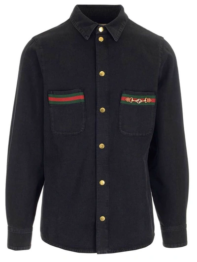 Gucci Washed Organic Denim Shirt With Web In Black