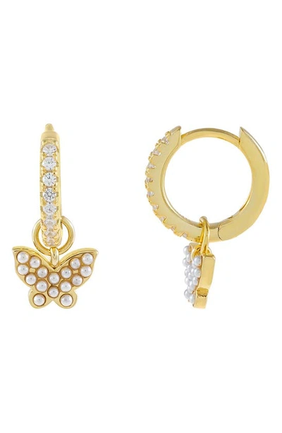 Adinas Jewels Adina's Jewels Imitation Pearl Butterfly Charm Pave Huggie Hoop Earrings In Gold