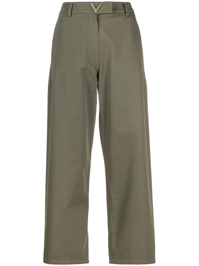 Valentino Cropped Wide Leg Cotton Canvas Pants In Green