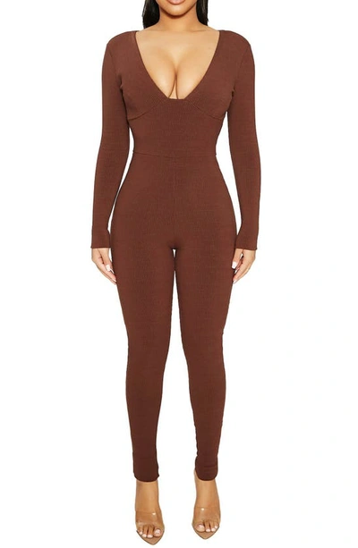 Naked Wardrobe Long-sleeve Princess Cut Bustier Jumpsuit In Chocolate