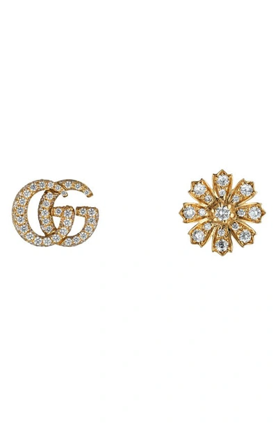 Gucci Mismatched Flora & Double-g Diamond Stud Earrings In Yellow Gold