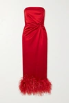 16ARLINGTON HIMAWARI STRAPLESS FEATHER-TRIMMED KNOTTED SATIN MIDI DRESS