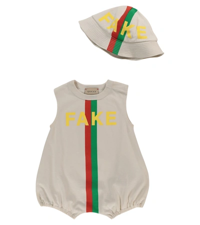 Gucci Baby棉质连体紧身衣和渔夫帽套装 In Beige