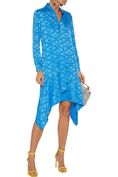 Mary Katrantzou Asymmetric Tie-neck Satin-jacquard Dress In Blue