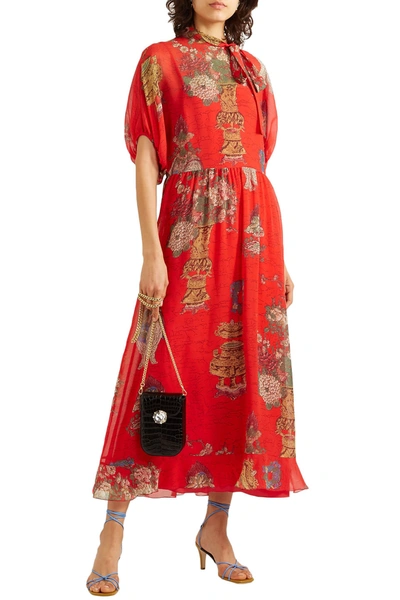 Red Valentino Pussy-bow Printed Silk Crepe De Chine Midi Dress In Red