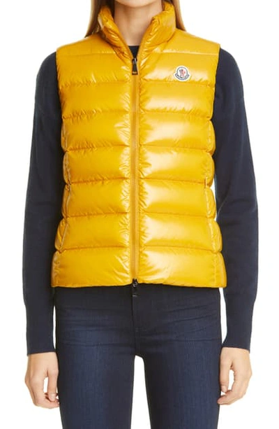 Moncler Ghany Short Shiny Nylon Down Vest In 134 Yellow