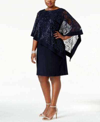 R & M Richards Plus Size Sequined Lace Cape Dress In Navy
