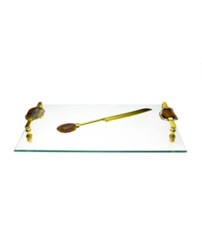 Classic Touch Glass Challah Board With Knife With Agate Stone Handles In Gold