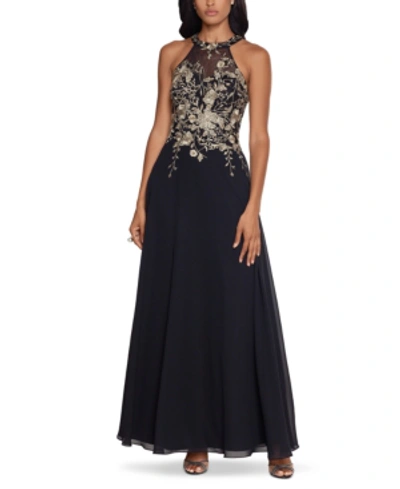 Betsy & Adam Petite Floral-applique Illusion Gown In Black,gold Floral