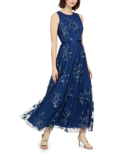 Eliza J Petite Sequin Floral-print Belted Gown In Navy Blue