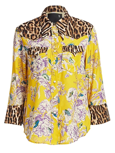 R13 Women's Exaggerated Floral & Leopard Cowboy Shirt In Mustard Floral Leopard