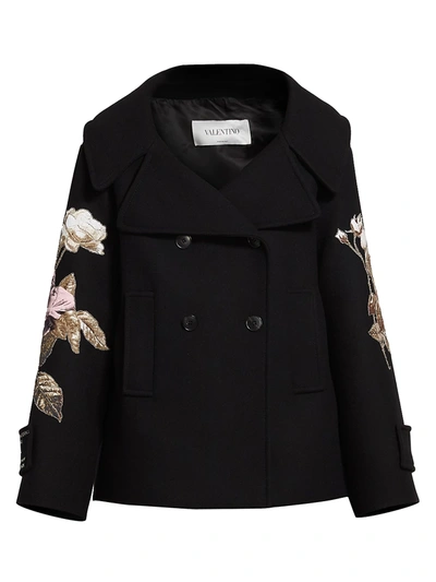 Valentino Women's Floral Embroidered Double Breasted Wool Peacoat In Black Multi