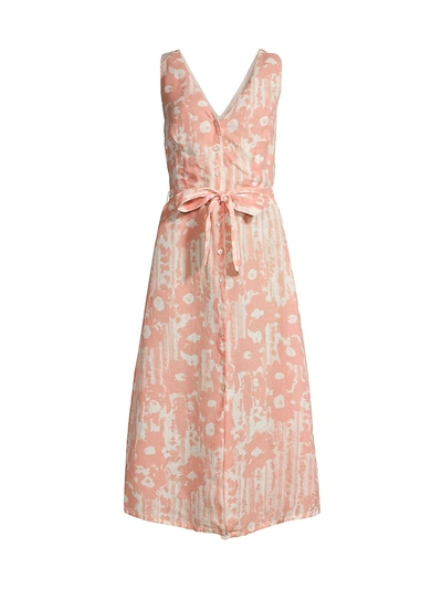 120% Lino Desert Floral Print V Neck Button Front Dress In Blush Print