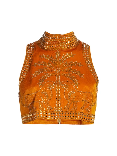 Raisa Vanessa Strass Embellished Halterneck Crop Top In Orange