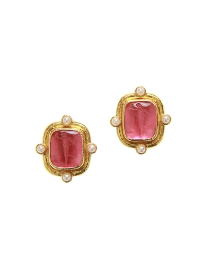 Elizabeth Locke Venetian Glass Intaglio 19k Yellow Gold & Pearl Pink Greek Muse Earrings