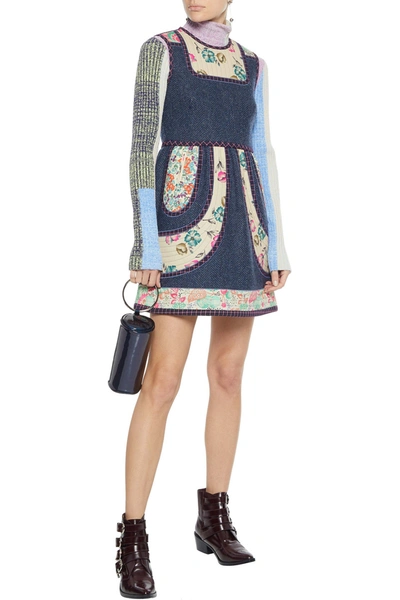 Red Valentino Floral-print Crepe De Chine-paneled Herringbone Wool Mini Dress In Midnight Blue