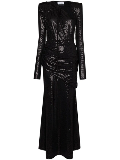 Attico Asymmetric Ruched Sequined Stretch-jersey Maxi Dress In Black