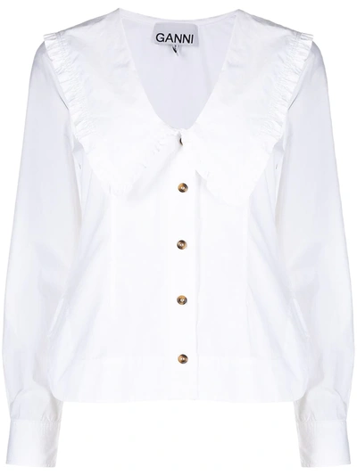 Ganni Cotton-poplin V-neck Shirt In White