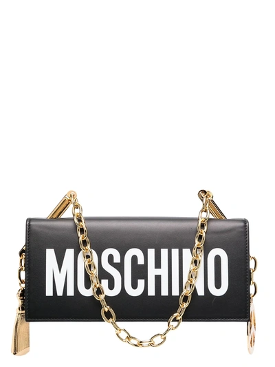 Moschino Logo Print Leather Shoulder Bag In Black