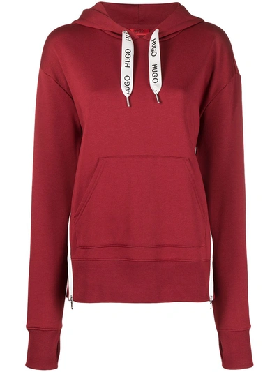 Hugo Logo Drawcords Hoodie In Red