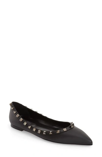 Valentino Rockstud Pointed Toe Flat In Black Leather