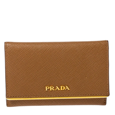 Pre-owned Prada Tan Saffiano Leather Flap Metal Card Holder