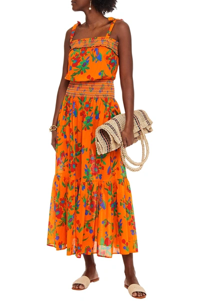 Tory Burch Gathered Striped Cotton-voile Maxi Dress In Orange | ModeSens