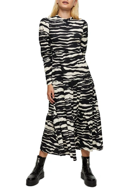 Topshop Tiered Midi Dress In Monochrome Animal Print-black
