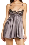 Oh La La Cheri Women's Satin And Lace Empire Waist Baby Doll With Satin G-string And Decorative Spaghetti Strap Det In Shark/ Black