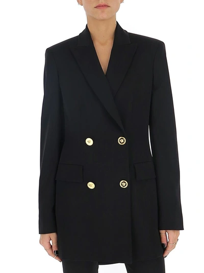 Versace Double-breasted Cropped Blazer In Black