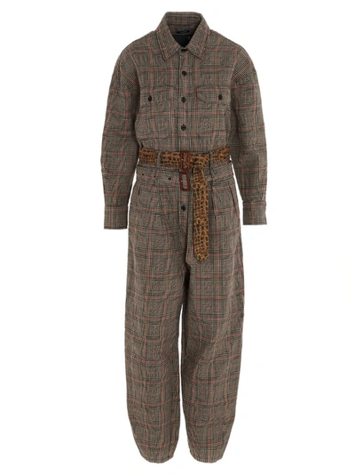 R13 Belted Prince Of Wales Checked Cotton-jacquard Jumpsuit In Brown