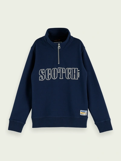 Scotch & Soda Printed Half-zip Cotton Sweatshirt In Blue