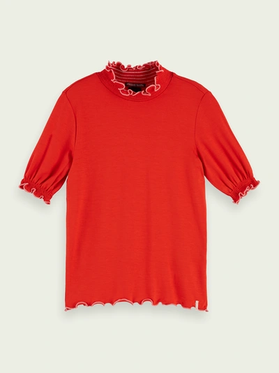 Scotch & Soda Ruffle Hem Short Sleeve Turtleneck T-shirt In Red