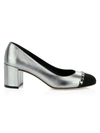 Ferragamo Women's Avella 2 Cap-toe Metallic Leather Pumps In Acciaio