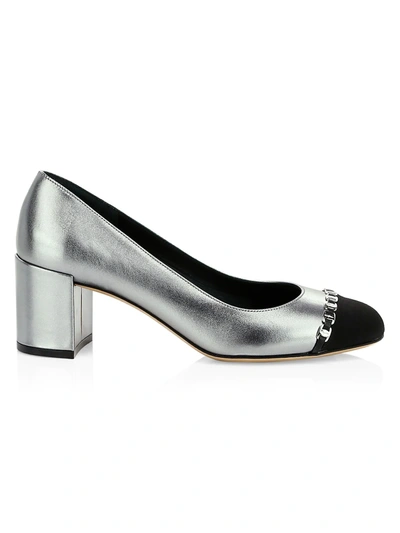 Ferragamo Women's Avella 2 Cap-toe Metallic Leather Pumps In Acciaio