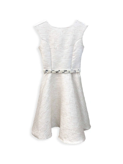 Un Deux Trois Kids' Girl's Cap-sleeve Belted Jacquard Dress In White