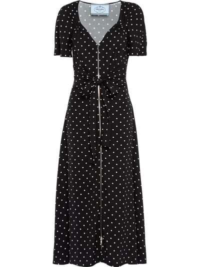 Prada Polka-dot Ruched Sweetheart Midi Dress In Black