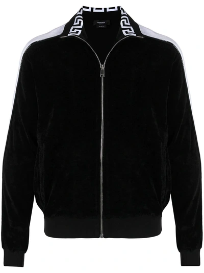 Versace Logo Side Stripe Velour Track Jacket In Black