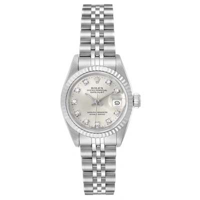 Pre-owned Rolex Silver Diamonds 18k White Gold And Stainless Steel Datejust 69174 Automatic Women's Wristwatch 26 Mm