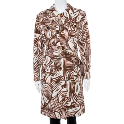 Pre-owned Max Mara White & Brown Printed Canvas Belted Coat M In Multicolor