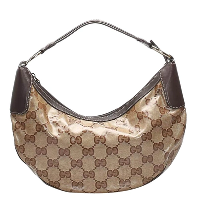 Pre-owned Gucci Brown/tan Gg Crystal Canvas Hobo Bag In Beige
