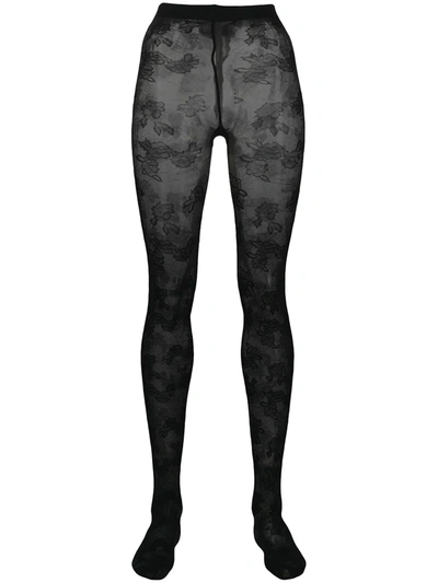 Saint Laurent Floral Jacquard Lace Tights In Black