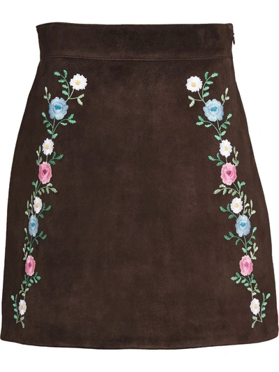 Miu Miu Floral Embroidered Suede Skirt In Brown