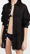 Vitamin A Playa Button-down Linen Shirtdress Coverup In Linen Gauze Black